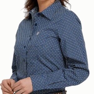 Cinch Women's Blue Print Long Sleeve Western Shirt Xs Button Down